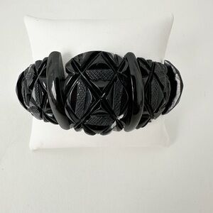 Antique Whitby Jet Bracelet Victorian Carved Black Beaded